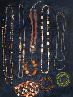 Assorted Women’s Beaded Necklace and Bracelet Set - Brown, Orange, Cream & Green